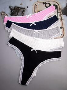 5pcs Women's Multicolor Ribbed High Elasticity Cute Bow Sexy Lace Trim Thong Panties - Multicolor - View 3