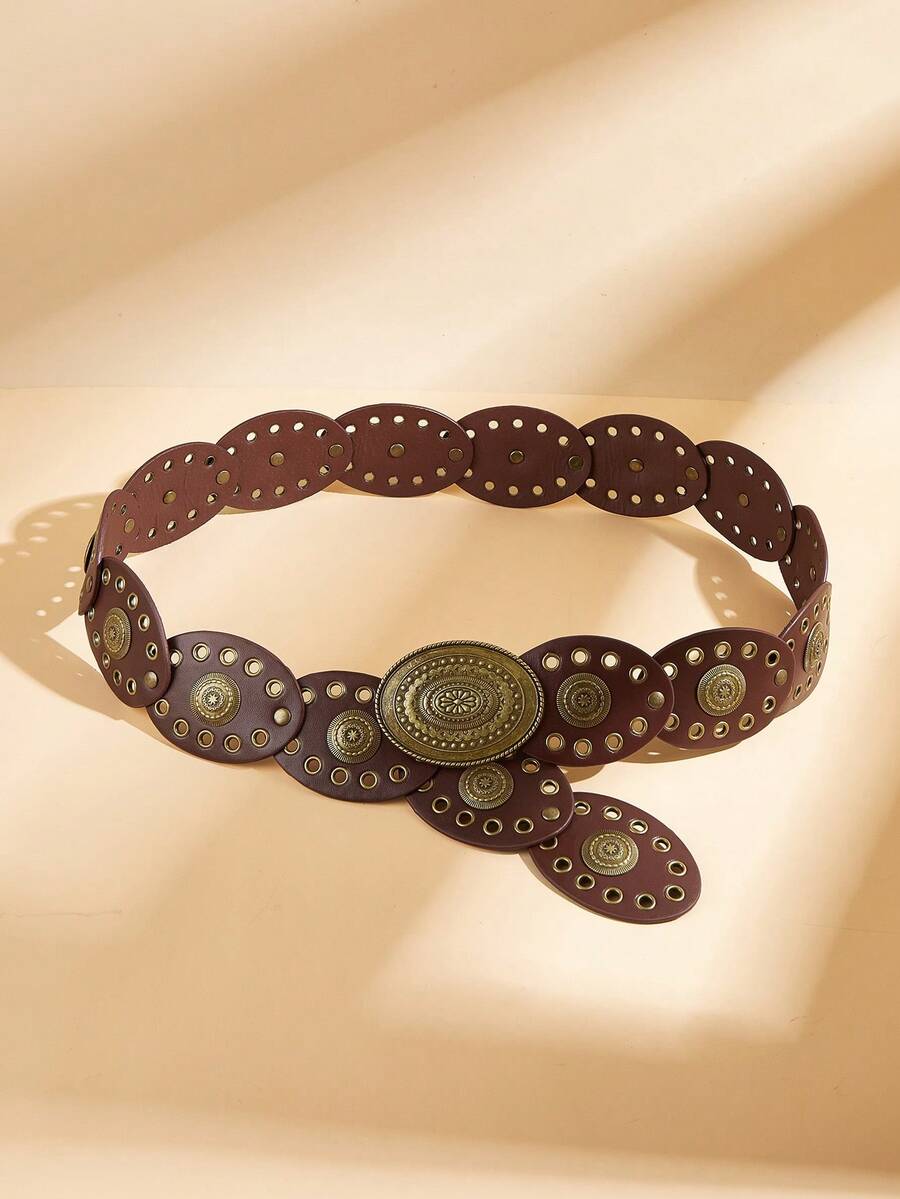 1条波西米亚复古朋克风铆钉网眼棕色椭圆形腰带，适合搭配西式服装，风格百搭，可与牛仔裤、连衣裙等搭配，适合日常、派对、度假、音乐节等场合。 - 棕色 - 查看 1