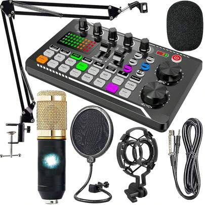 Professional Podcast DJ Equipment Bundle Kit: Live Sound Card, Audio Mixer For Console Recording, Microphone Stand – Full Music Studio Setup With 1 Mics For PC, Phone Gaming & Karaoke Streaming And Content Creation