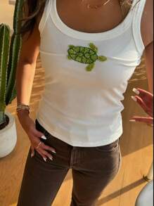 Y2k Graphic Tank Tops Women Cute Ocean Starfish Beaded Embroidered Top Summer Sleeveless Cherry Beach Crop Top - 綠色 - 查看 2