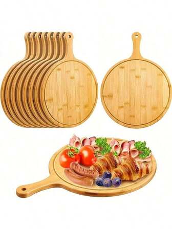 4/1 包圆形竹披萨铲、带手柄的切菜板、木制熟食板、上菜托盘、奶酪板、砧板、厨房面包铲、带汁槽的多功能拼盘，适合万圣节派对、圣诞节盛宴、感恩节晚餐，非常适合 DIY 工艺品和成人乔迁礼物。