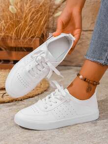 Zapatillas deportivas casuales con suela blanda y cómoda para mujer, con parte superior ligero y cordones, adecuadas para el hogar y todas las estaciones - Blanco - Ver 2