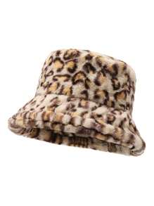 1 pieza Sombrero de cubo de felpa con estampado de leopardo para mujer, cálido y versátil para otoño/invierno, con circunferencia de cabeza ajustable y grande