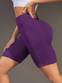 1pc Plus Size Women High Waist Slimming Cycling Shorts, Lightweight Summer Sports Fitness Running Shorts With Side Pockets, Bright Blue Lifting Tight Yoga Shorts