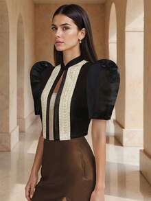 Modern Filipiniana Women's Elegant Petal Sleeve Short Top - Black - View 1