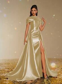 Smilprince Gold Shiny High Neck Evening Gown With Beaded Cape Shoulder, Satin Split Formal Dress For Gala, Prom, Wedding Guest, Pageant, Banquet, Bridesmaid,Luxurious Long Prom Dress For Women Formal Evening Gown - Gold - View 9