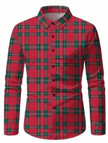 Camisa de manga larga con cuello mao casual para hombre, diseño de patrón a cuadros británico clásico. Camisa casual para hombre, camisa de manga larga para hombre, parte superior para hombre, adecuada para uso diario, reuniones, salidas, vacaciones, fiestas