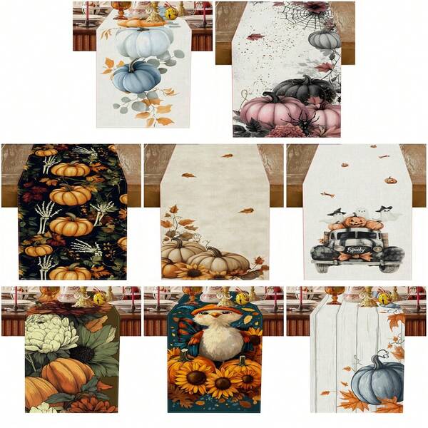 1 bunter Kürbis und andere Feiertags-Elementmuster Tischflagge, hergestellt aus 72 Inch gestrickter Polyesterfaser, geeignet für Feiertags-Versammlungstische, Heim-Küchendekoration und Geschenke.