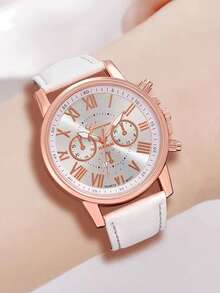 1/14pcs Women's PU Leather Strap Minimalist Three-Eye Roman Scale Dial Quartz Watch Set, Gift For Lover (No Box) - Rose Gold - View 3