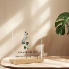 1 pieza Placa acrílica cristiana "Sus misericordias se renuevan cada mañana" con soporte de madera, letrero acrílico inspirador con versículo bíblico y eucalipto para decorar el escritorio, el hogar, el dormitorio, la sala de estar y la estantería