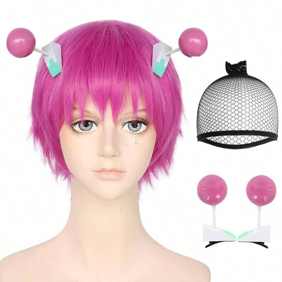 Hair Cap+(2 Hairpins) Saiki K Wig For Cosplay Saiki K Hair Clips Short Pink Wig Pink Cosplay Wigs For Men Women Synthetic Hot Pink Hairs Wigs For Anime Halloween Costume Party - 白色 - 查看 1