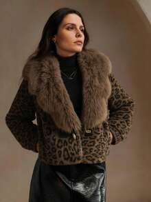 Women's Autumn And Winter Jacket, Large Fur Collar Cozy Fit Dating With Zip Leopard Print Coat - Leopard - View 7