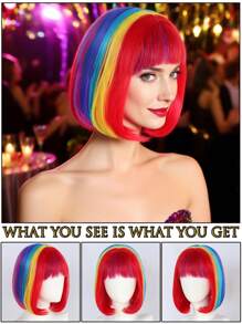 Fashion Women's BoBo Wigs, Short Straight Hair With Bangs Wigs, Multiple Pastel Colors Bob Anime Cosplay Wigs For Party Costume Wigs For Ladies, Pink Green Black Blonde Red Brown Blue White Purple Orange Yellow Rainbow Colorful Hairpiece For Holiday Comic Con Exhibition Celebration Daily Wigs For Birthday Gifts, Sassy Rockabilly Punk Cool Unique Rock & Roll 80s Wig