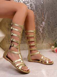 女士夏季时尚纯色奢华优雅拉链后跟镂空平底凉鞋，户外罗马风休闲舒适凉鞋，沙滩鞋 - 金色 - 查看 2