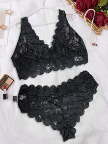 Plus Size Women Floral Lace Trim Lingerie Set - Black - View 6