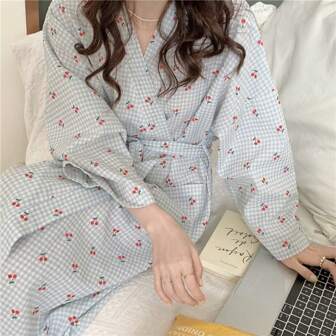 1 Bathrobe Bathrobe Morning Robe Ladies European And American Simple Long-Sleeved Nightgown Spring And Autumn New Blue Plaid Sweet And Cute Bathrobe Full Of Cherry Long-Sleeved Thin Solid Color Pajamas Home Clothes Maillard