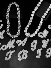 2Pcs Cuban Link Chain For Women Cursive Silver Initial Necklace Cuban Link Necklace For Women Hip Hop Iced Out Chain Necklace Bling Diamond 14mm Cuban Chain Letter Name Hip Hop Jewelry Gift - 套裝項鍊 - 查看 4