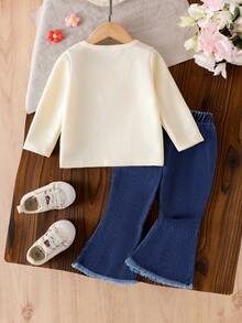 2 件套女婴波西米亚风格花卉装饰圆领长袖 T 恤上衣和花卉装饰喇叭腿牛仔裤套装 - 杏色 - 查看 3