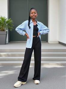 3pcs Fashionable Casual Long Sleeve Shirt, Tank Top And Sweatpants Set, Designed For Girls, Creating A Stylish And Comfortable Vacation Vibe, Suitable For Spring, Summer And Autumn Daily Wear - Blue - View 4