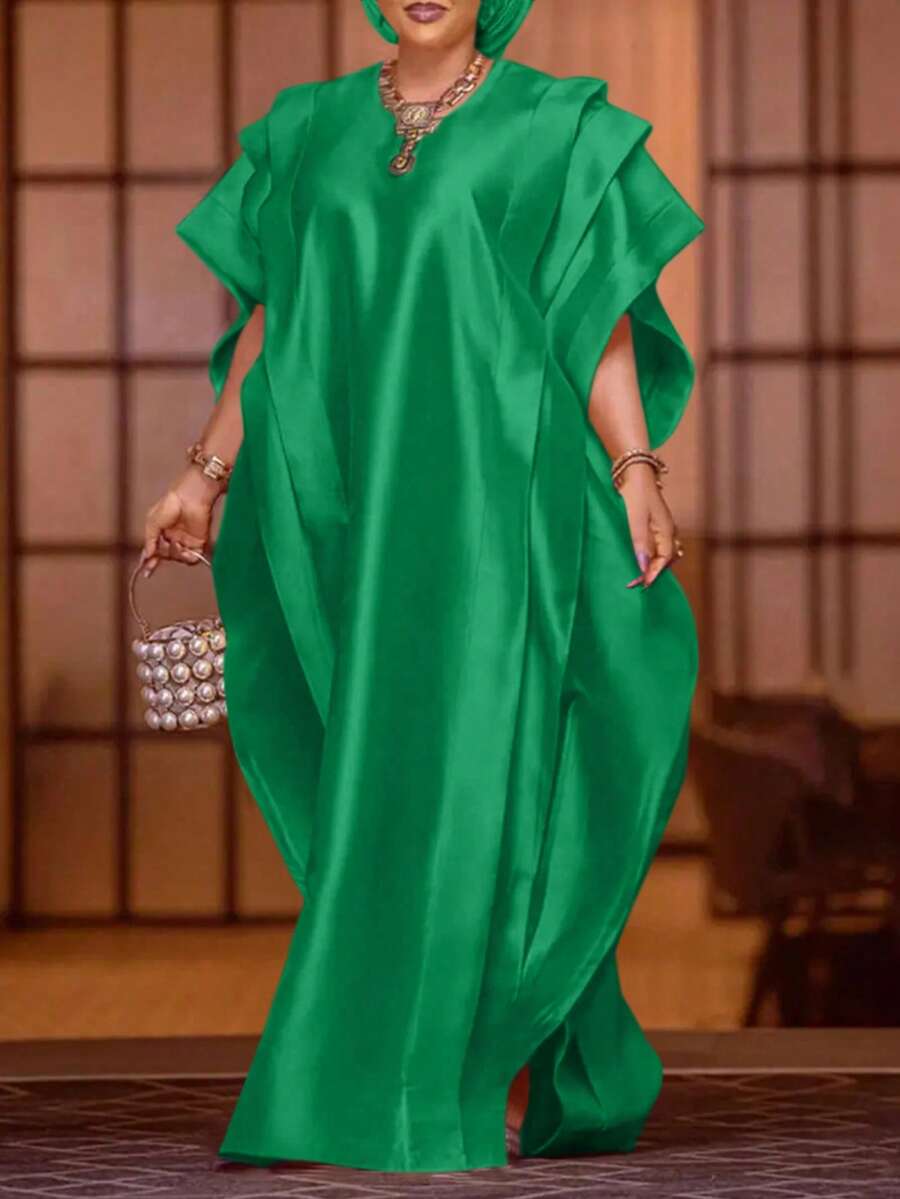 大码女式纯色圆领蝙蝠袖短袖宽松休闲连衣裙，优雅夏季款 - 綠色 - 查看 1