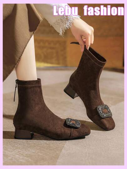 Women's Fashion Boots, Elegant Classic Rhinestone Square Buckle Decor Square Toe Mid Chunky Heel Back Zipper Elastic Ankle Boots, Casual Work Versatile Holiday Date Nude Booties