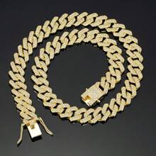 1pc European & American Street Hip-Hop Style Fully Rhinestone Chain Necklace, Golden Color, Fashionable Hiphop Jewelry For Men & Women, Choker Chain, Multiple Sizes Available