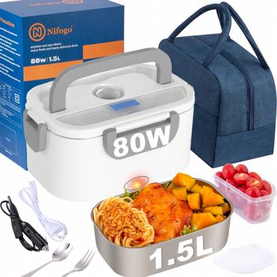 Lunch box elettrico da 80 W, grande capacità da 1,5 l, con contenitore in acciaio inossidabile rimovibile, posate incluse, lunch box riscaldato portatile, adatto per lavoro e famiglia, può riscaldare i pasti in auto, camion, ufficio, riscaldamento rapido, a prova di perdite e portatile, adatto anche per materiale scolastico
