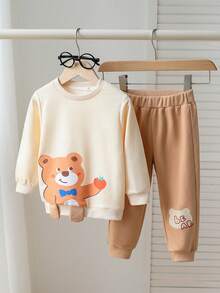 2pcs Set, Casual & Cute, Soft & Comfortable, Cartoon Bear Print, 3D Design, Round Neck Long Sleeve Sweatshirt And Solid Color Elastic Waist Pants, Toddler Boys Outfit, Baby Boys Autumn Clothing, Suitable For Daily Use, Vacation, Party, Outing