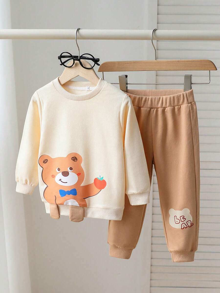 2pcs Set, Casual & Cute, Soft & Comfortable, Cartoon Bear Print, 3D Design, Round Neck Long Sleeve Sweatshirt And Solid Color Elastic Waist Pants, Toddler Boys Outfit, Baby Boys Autumn Clothing, Suitable For Daily Use, Vacation, Party, Outing