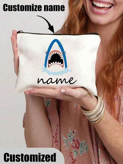 Customized Cosmetics Storage Bag, Cute Shark Letter Print Coin Purse, Hand-Held Wallet, Easy To Carry, Suitable For Gift Giving, Travel Small Item Bag, Lightweight Cosmetics Storage Bag, Travel Toiletries Zipper Bag
