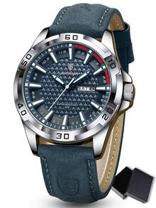 POEDAGAR 1件男士奢华防水夜光PU皮革石英腕表，男士运动日期星期显示腕表，休闲男士腕表，适合日常佩戴，男士礼物 - 均碼 - 查看 17