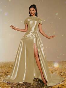 Smilprince Gold Shiny High Neck Evening Gown With Beaded Cape Shoulder, Satin Split Formal Dress For Gala, Prom, Wedding Guest, Pageant, Banquet, Bridesmaid,Luxurious Long Prom Dress For Women Formal Evening Gown - Gold - View 8