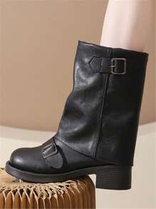 女士时尚圆头简约复古一脚蹬粗跟带扣装饰踝靴