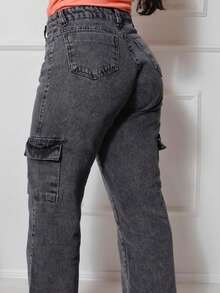 400 Women's Wide Cargo Jeans, Street Fashion, Premium, Graffiti - Xám - Xem 4