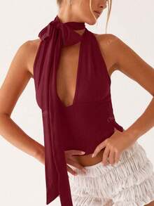 Cropped Top With One-Shoulder Tie, Various Spring/Summer Usage Options - Màu Đỏ Sâu - Xem 4