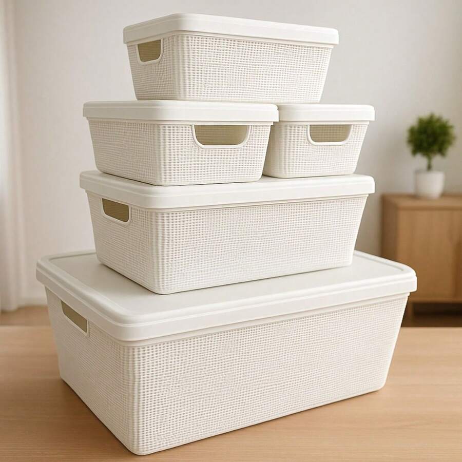 Organizer Box With Lid Kit 5 Sturdy Stackable Multipurpose Jute Line Boxes  Utilities - 白色 - 查看 1