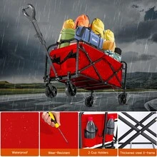 Heavy Duty All-Terrain Red Foldable Wagon, Stainless Steel Frame With 600D Oxford Fabric Material, Portable Multifunctional Camping/ Gardening/ Wheeled Shopping Cart/ No Assembly, Garden Tool Storage Rack, Sturdy Handle Design, Durable Construction, - Red - View 3