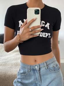 Camisata corta con estampado de letra para mujer sexy  Letras    Casual    Ninguno    Playa - Negro - Ver 5