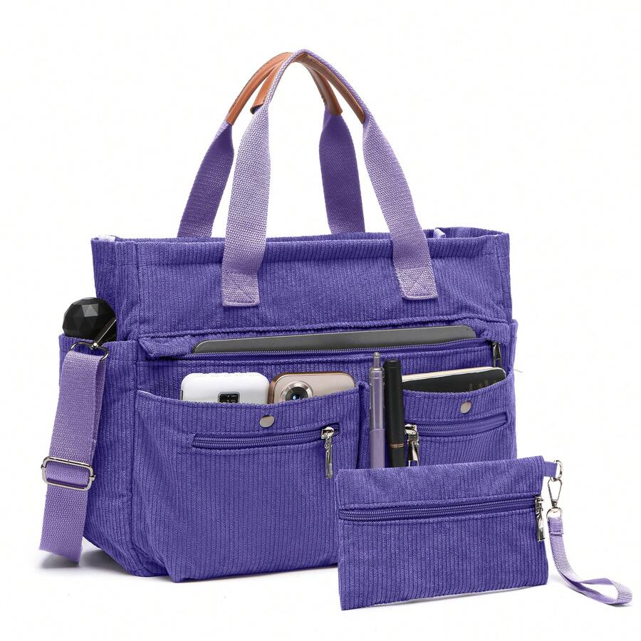 Corduroy Tote Bag Set (2PCS) For Women, Laptop Work Bags Crossbody Shoulder Hobo Messenger Handbag Purse Travel Gym Totes - 紫色 - 查看 1