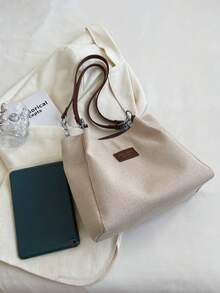 简约经典撞色设计女士手提包，时尚极简主义logo装饰单肩包，大容量休闲校园通勤包，大学生休闲旅行轻便单肩包，拉链多功能收纳单肩包，耐用面料，适合送礼、购物、约会、商务旅行、度假等场合。 - 米色 - 查看 8