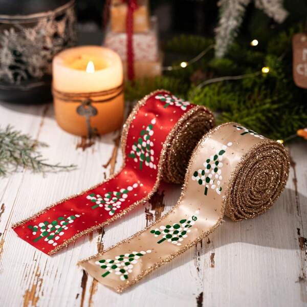 2 Rolls Christmas Ribbons For Crafting, Xmas Wired Edge Ribbon Red Champagne Color Burlap Ribbon Bow Winter Holiday Christmas Tree Wired Ribbons For Gift Wrapping,Christmas Decrations,Christmas Party Decorations