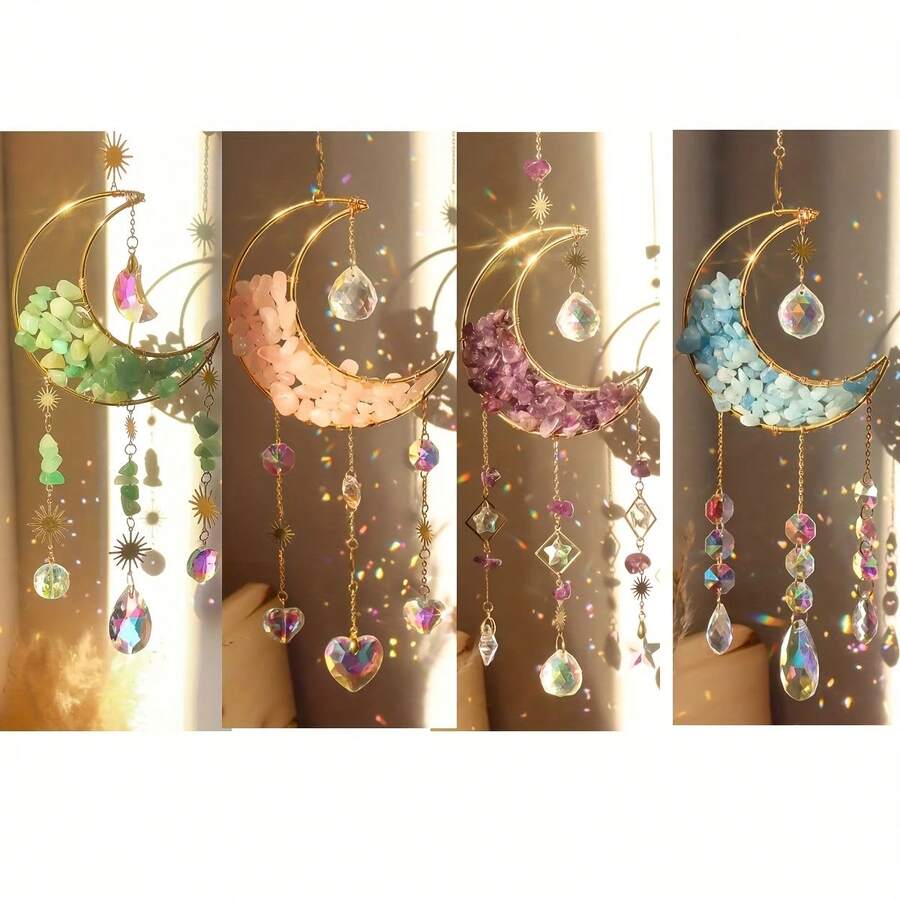 3/4pcs Moon Crystal Prism, Half-Moon Window Decoration Pendant, Rainbow Glass Decoration, Suitable For Home Garden Porch Wind Chime - 4PCS xanh lá cây hồng tím xanh dương kết hợp - Xem 1