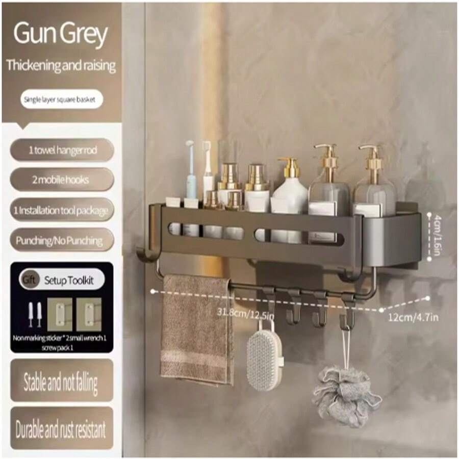 Bathroom, Space Aluminum Storage Rack, Non Perforated Bathroom Wall Hanging Corner Storage Rack, Gun Gray Triangular Basket - 灰色 - 查看 1