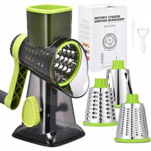 3-In-1 Rotary Food Processor - Manual Cheese Grater & Vegetable Slicer Set With Interchangeable Blades, Professional Grade For Kitchen/Restaurant, Effortless Shredding For Hard Cheese, Nuts, Chocolate Blocks - TSP xanh - Xem 1