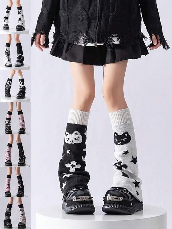 1 Pair Women's Thigh High Leg Warmers Warmers, Cat, Star, Bow, Heart Decor, Reversible, Suitable For Daily Wear, Party, Date, Stage Performance, Spring/Autumn/Winter, Y2k