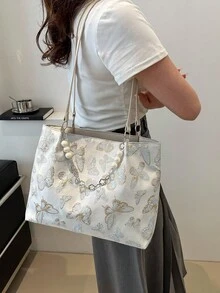 Frühlings-Neuheit, einfache unifarbene Schmetterling Damen Shopper Tasche mit großer Kapazität und Perlenkette - Blau - Übersicht 4