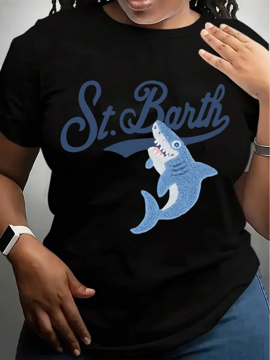 Women's White T-Shirt - Casual Everyday & Beach Outfits Shark Graphic Tee - Machine Washable Everyday Summer Top For Women, Beach T Shirt, Relaxed Fit Shirt, Saint Barth Style, Comfortable Fabric - 黑色 - 查看 1