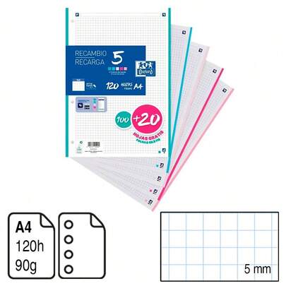  Oxford - Recambio Hojas Cuadriculadas A4 Perforadas, Recambio Archivador, 120 Hojas, Cuadrícula 5x5, 5 Colores de Banda PASTEL Surtido cantiad 1pack, 2pack,5Pack para elegir diferentes precio. Calidad de confianza