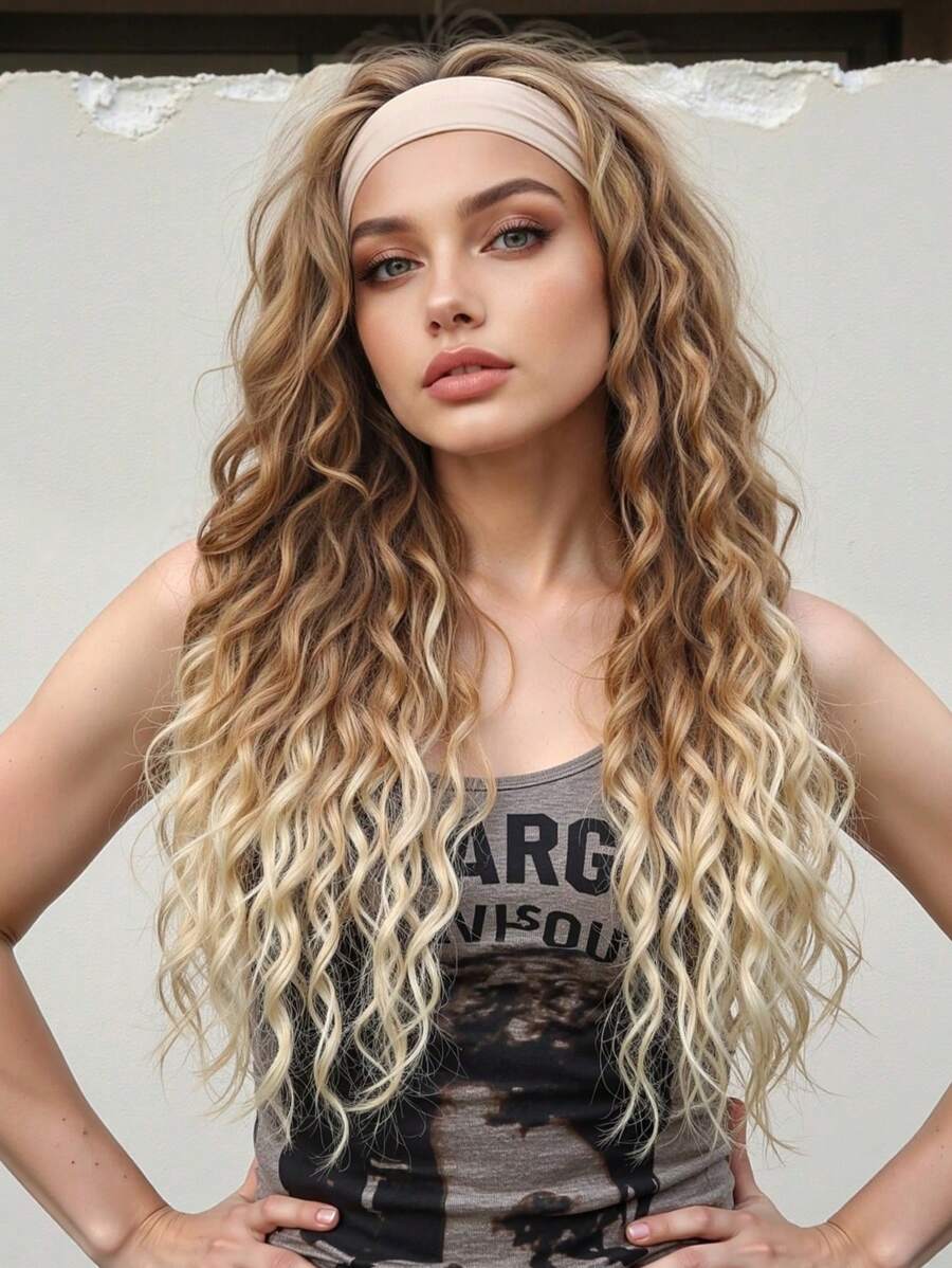 渐变金色卷发头带假发，女士蜜金色软发非洲卷发卷曲合成假发头带假发，母亲节礼物（渐变金色） - 漸變金色 - 查看 1