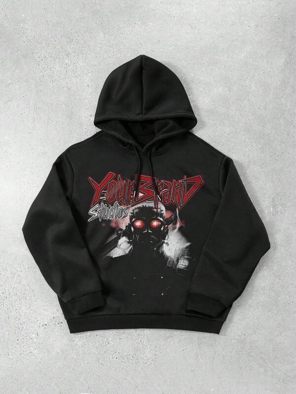 Men's Creative Cartoon Graphic Casual Pullover Hoodie, Classic Black Sweatshirt, Suitable For Autumn/Winter, Lazy Ins Style
